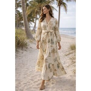 Fox & Hen Tropical Botanical Maxi Dress Long Sleeve Cream Resort Vacation M
